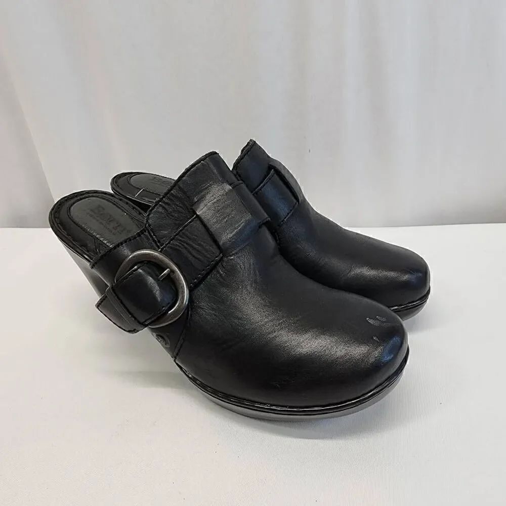 BORN Women's Size 10 Black Leather Buckle Mule Heels Shoes Q